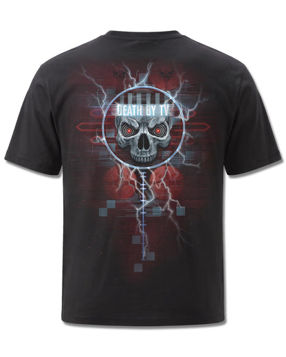 Spiral Death By TV design, back view on Black M101, Rock Off Retail official merch