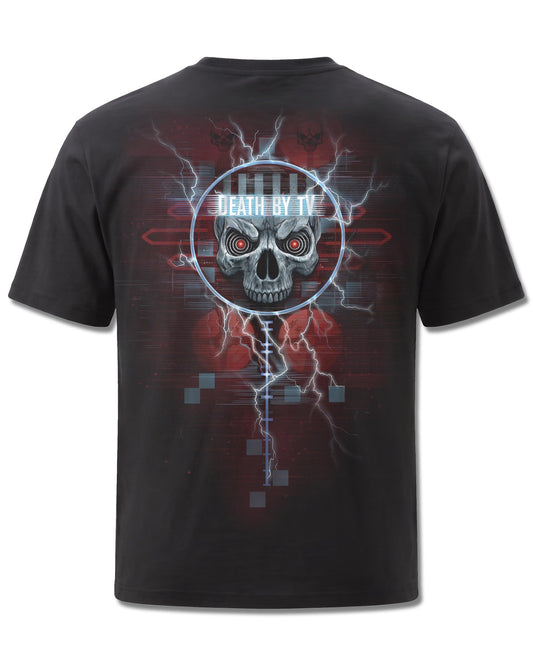 Spiral Death By TV design, back view on Black M101, Rock Off Retail official merch