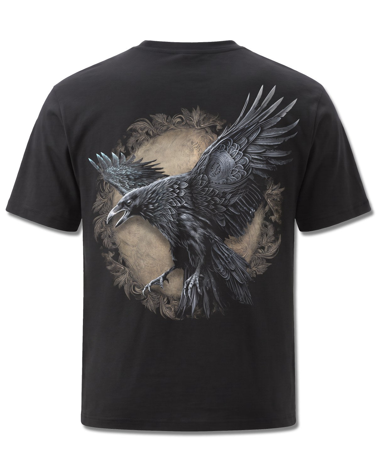 Spiral Raven Wise design, back view on Black M101, Rock Off Retail official merch