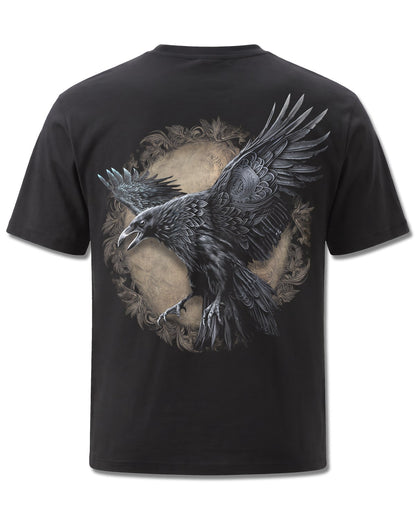 Spiral Raven Wise design, back view on Black M101, Rock Off Retail official merch