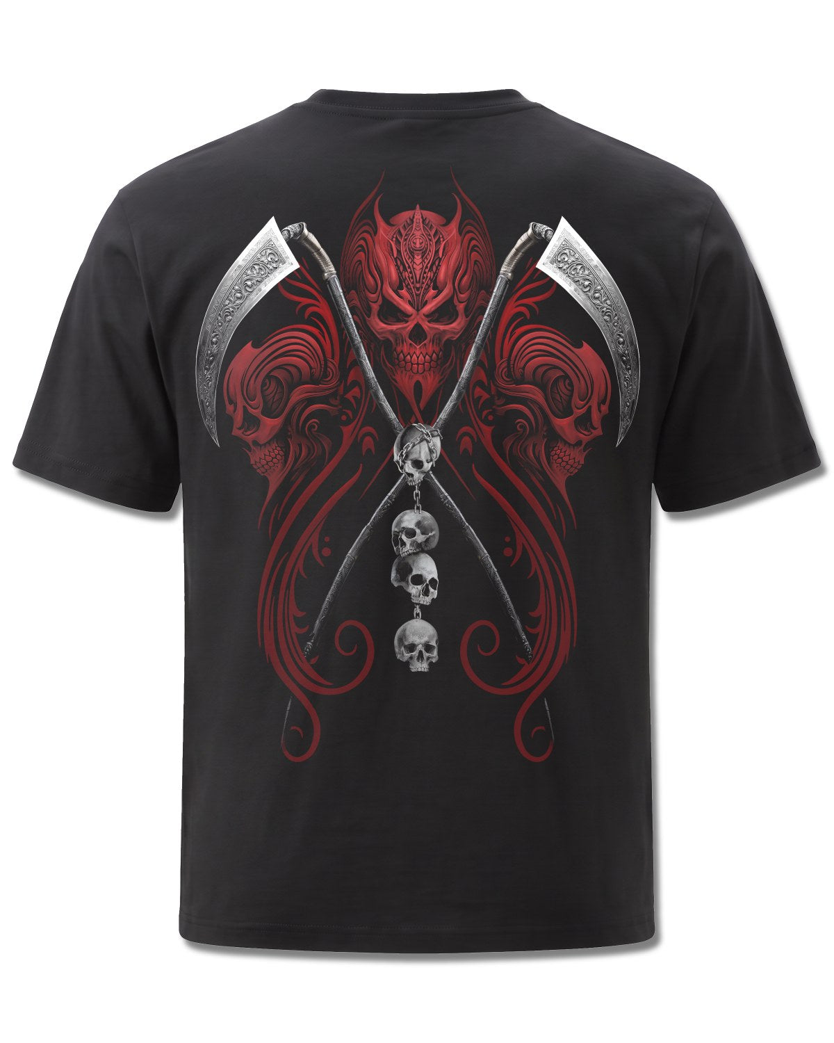 Spiral Reaperess design, back view on Black M101, Rock Off Retail official merch