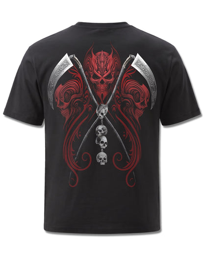 Spiral Reaperess design, back view on Black M101, Rock Off Retail official merch