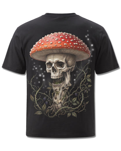 Spiral Shrooms design, back view on Black M101, Rock Off Retail official merch
