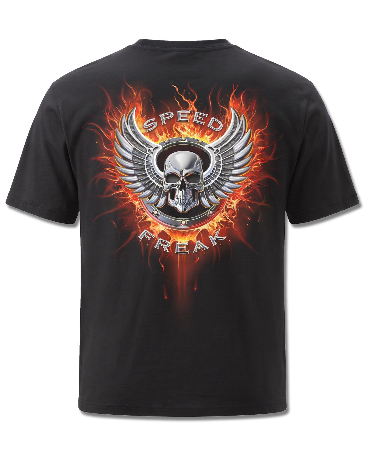Spiral Speed Freak design, back view on Black M101, Rock Off Retail official merch