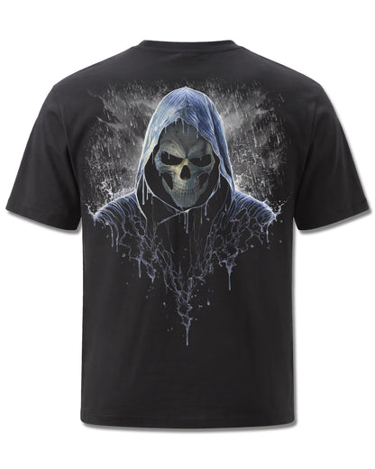 Spiral Reaping In The Rain design, back view on Black M101, Rock Off Retail official merch