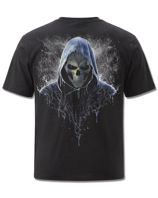 Spiral Reaping In The Rain design, back view on Black M101, Rock Off Retail official merch