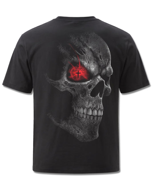 Spiral Death Stare design, back view on Black M101, Rock Off Retail official merch