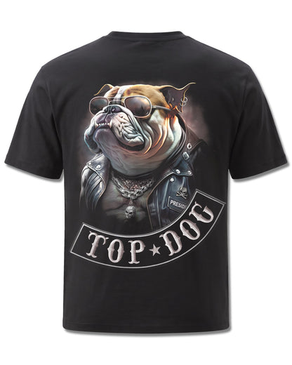 Spiral Top Dog design, back view on Black M101, Rock Off Retail official merch