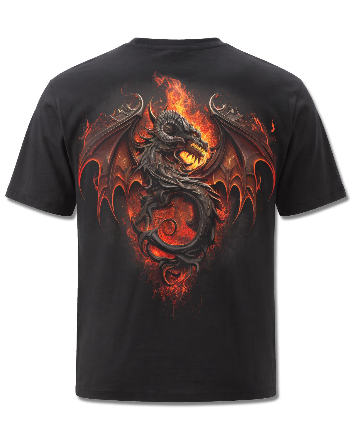 Spiral Infernal Duel design, back view on Black M101, Rock Off Retail official merch