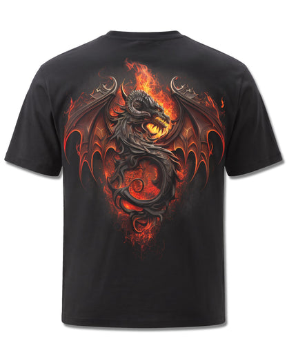 Spiral Infernal Duel design, back view on Black M101, Rock Off Retail official merch