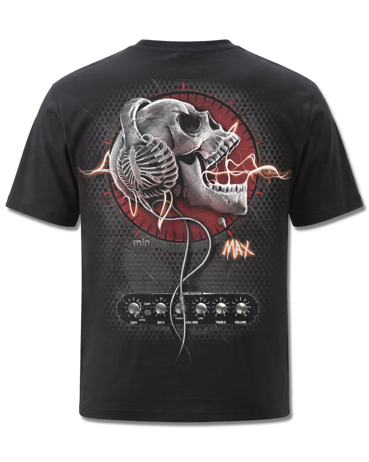 Spiral Never Too Loud design, back view on Black M101, Rock Off Retail official merch