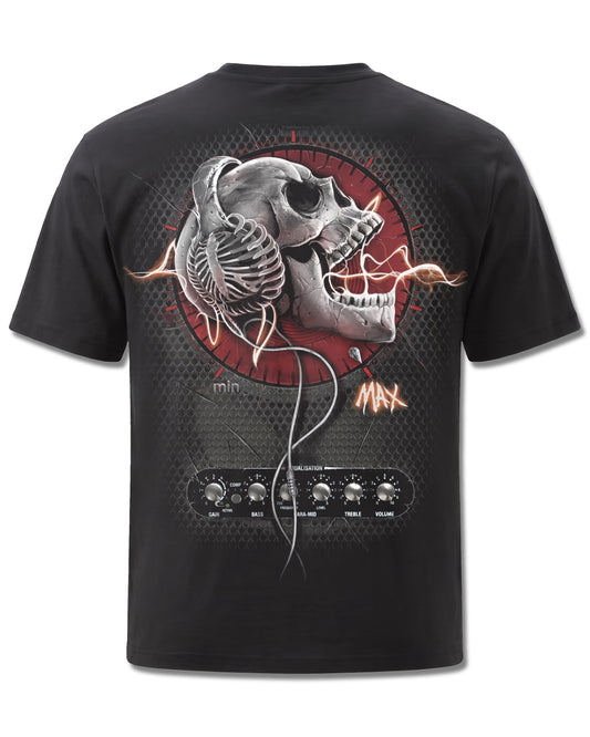 Spiral Never Too Loud design, back view on Black M101, Rock Off Retail official merch