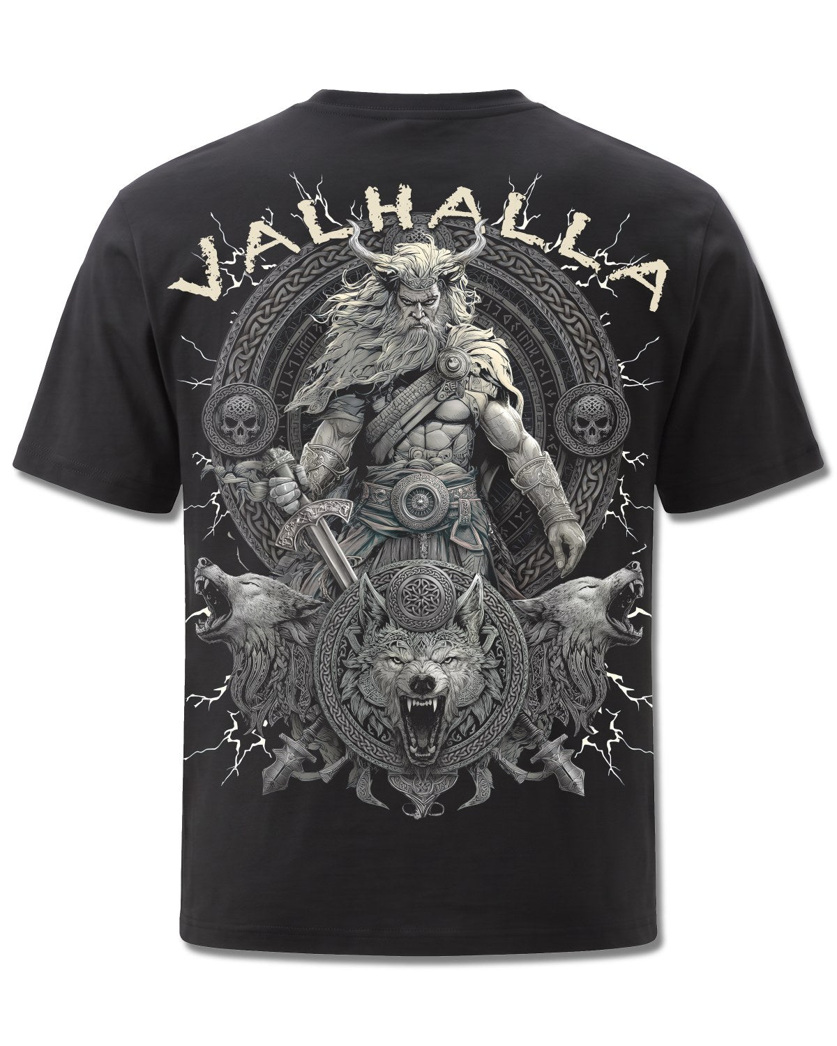 Spiral Valhalla design, back view on Black M101, Rock Off Retail official merch