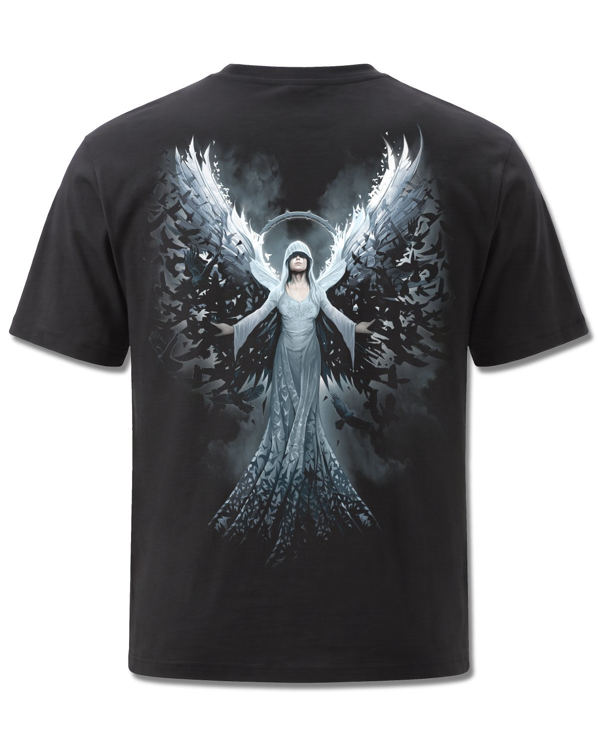 Spiral Ethereal Angel design, back view on Black M101, Rock Off Retail official merch