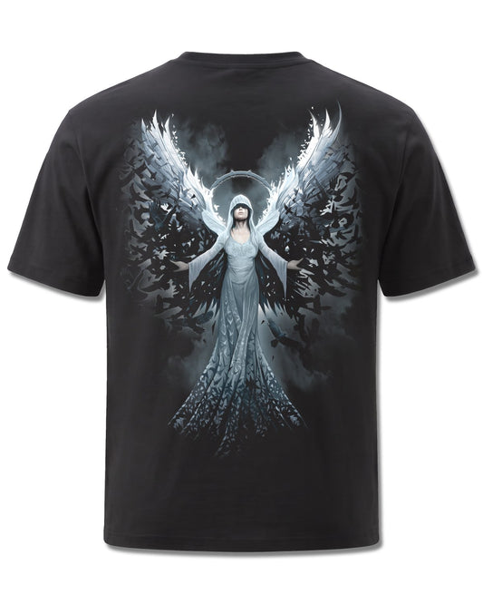 Spiral Ethereal Angel design, back view on Black M101, Rock Off Retail official merch