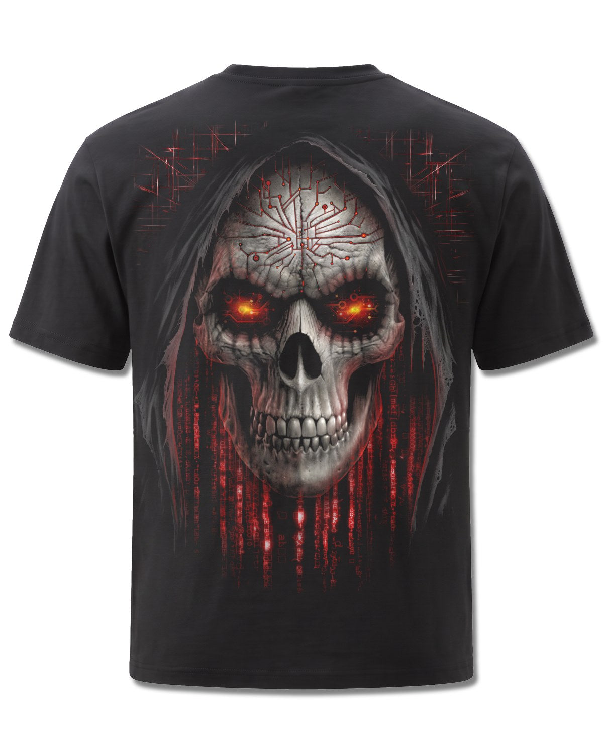 Spiral Cyber Death design, back view on Black M101, Rock Off Retail official merch