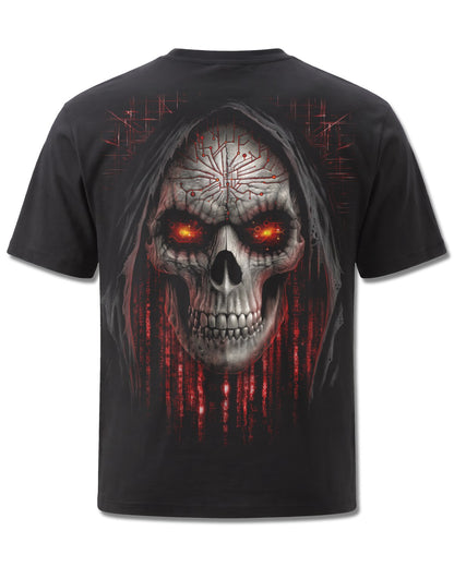 Spiral Cyber Death design, back view on Black M101, Rock Off Retail official merch