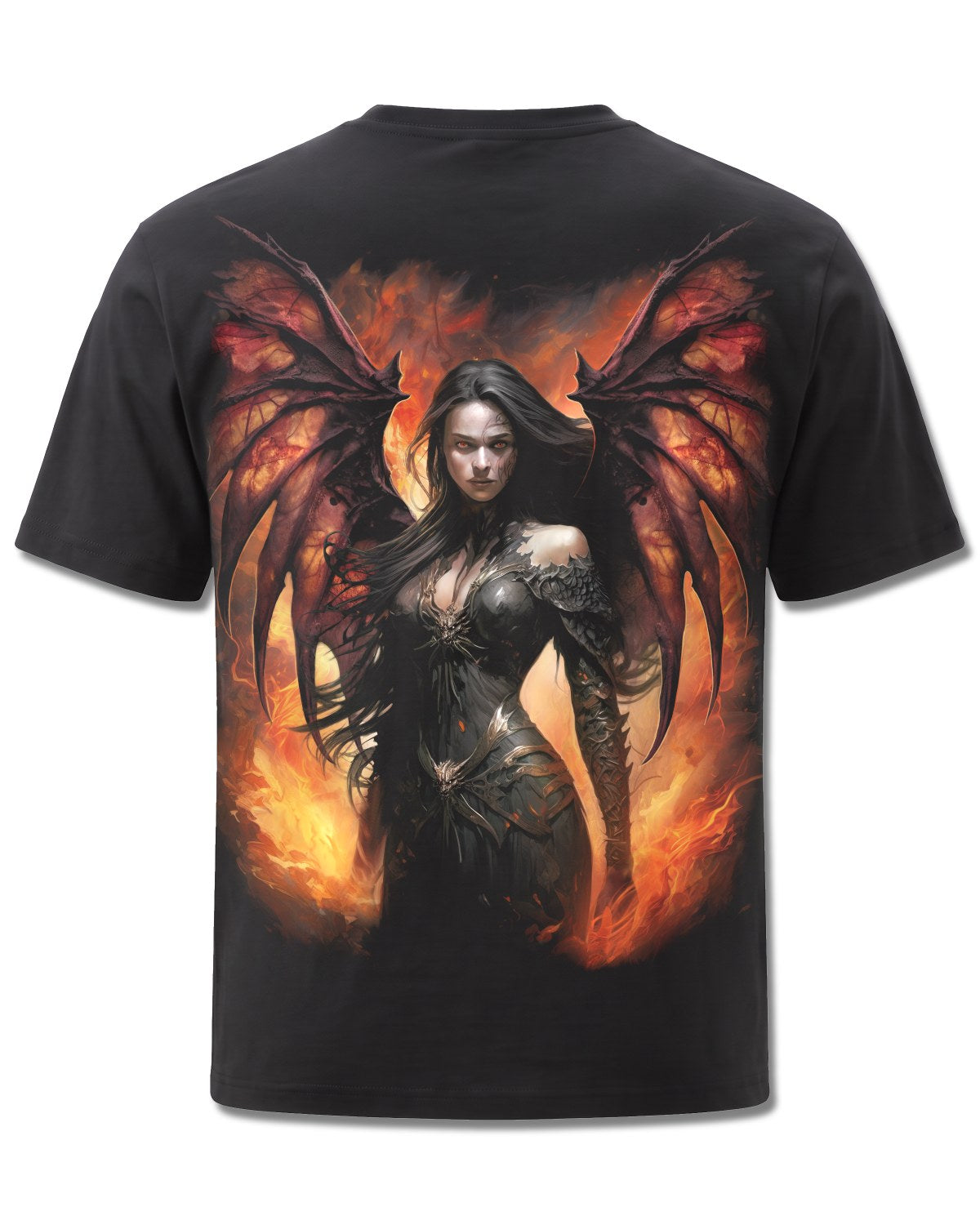 Spiral Draco Queen design, back view on Black M101, Rock Off Retail official merch