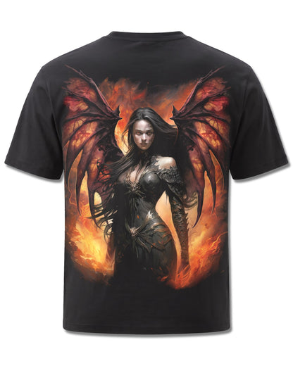 Spiral Draco Queen design, back view on Black M101, Rock Off Retail official merch