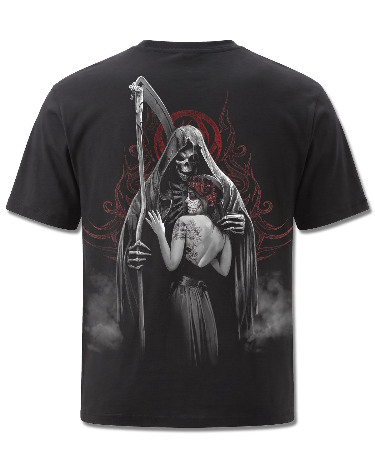 Spiral Dead Kiss design, back view on Black M101, Rock Off Retail official merch