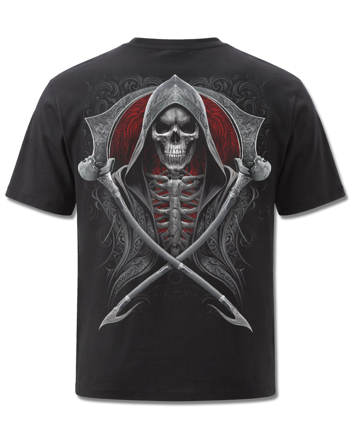 Spiral Reaper's Portal design, back view on Black M101, Rock Off Retail official merch