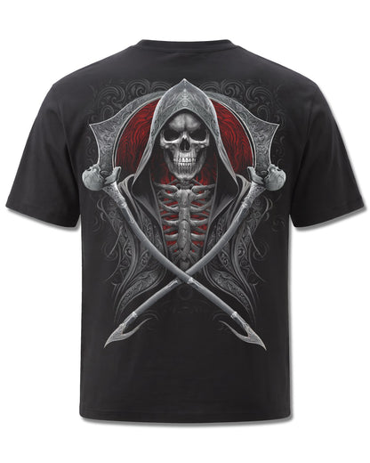 Spiral Reaper's Portal design, back view on Black M101, Rock Off Retail official merch