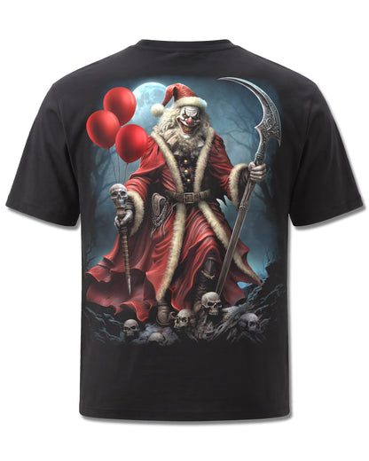 Spiral Santa Clown design, back view on Black M101, Rock Off Retail official merch
