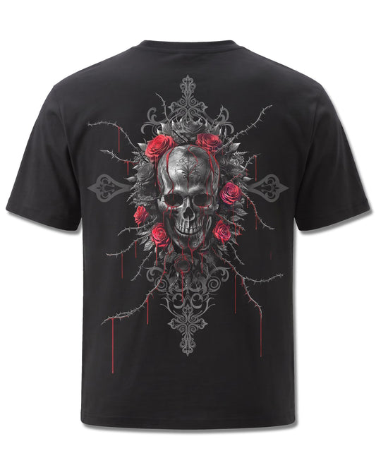 Spiral Love Is Dead design, back view on Black M101, Rock Off Retail official merch