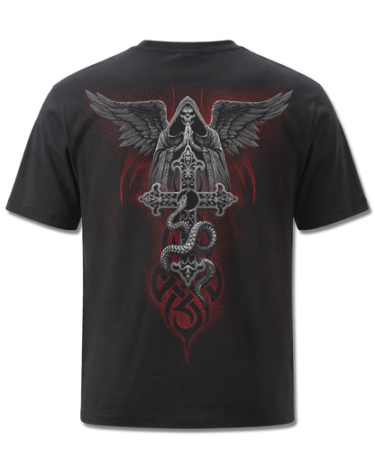 Spiral The Dead design, back view on Black M101, Rock Off Retail official merch