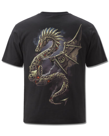 Spiral Dragon Cogs design, back view on Black M101, Rock Off Retail official merch