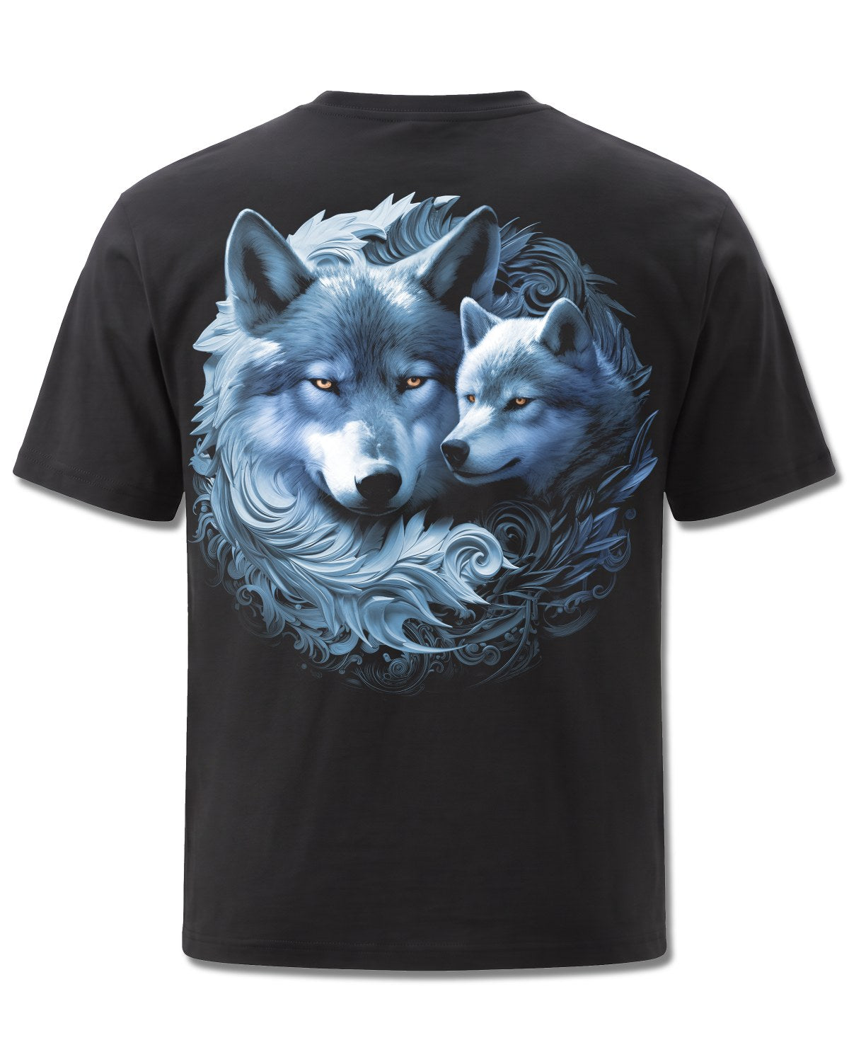 Spiral Wolf Guardian design, back view on Black M101, Rock Off Retail official merch