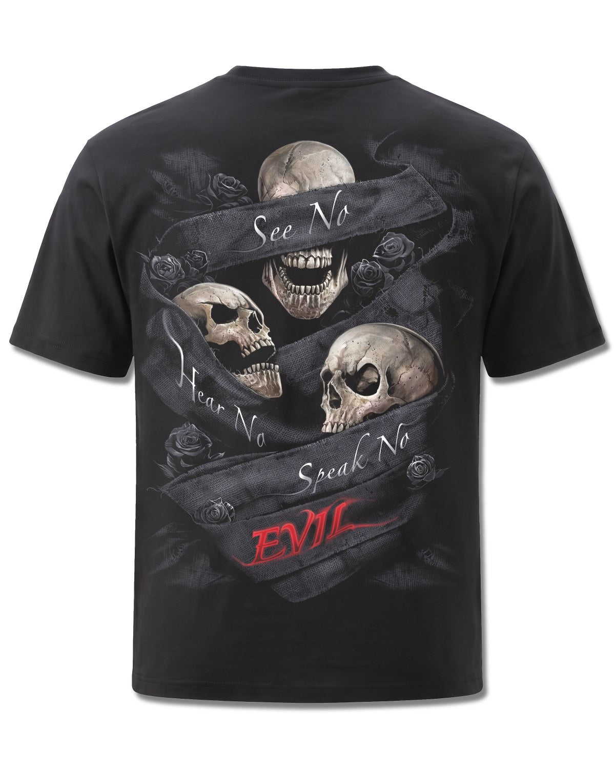 Spiral See No Evil design, back view on Black M101, Rock Off Retail official merch