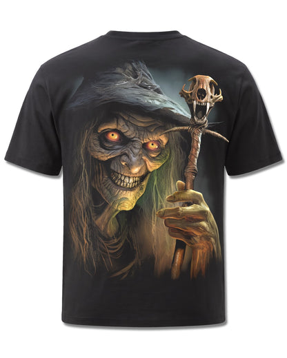 Spiral Witch's Brew design, back view on Black M101, Rock Off Retail official merch