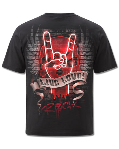 Spiral Live Loud design, back view on Black M101, Rock Off Retail official merch