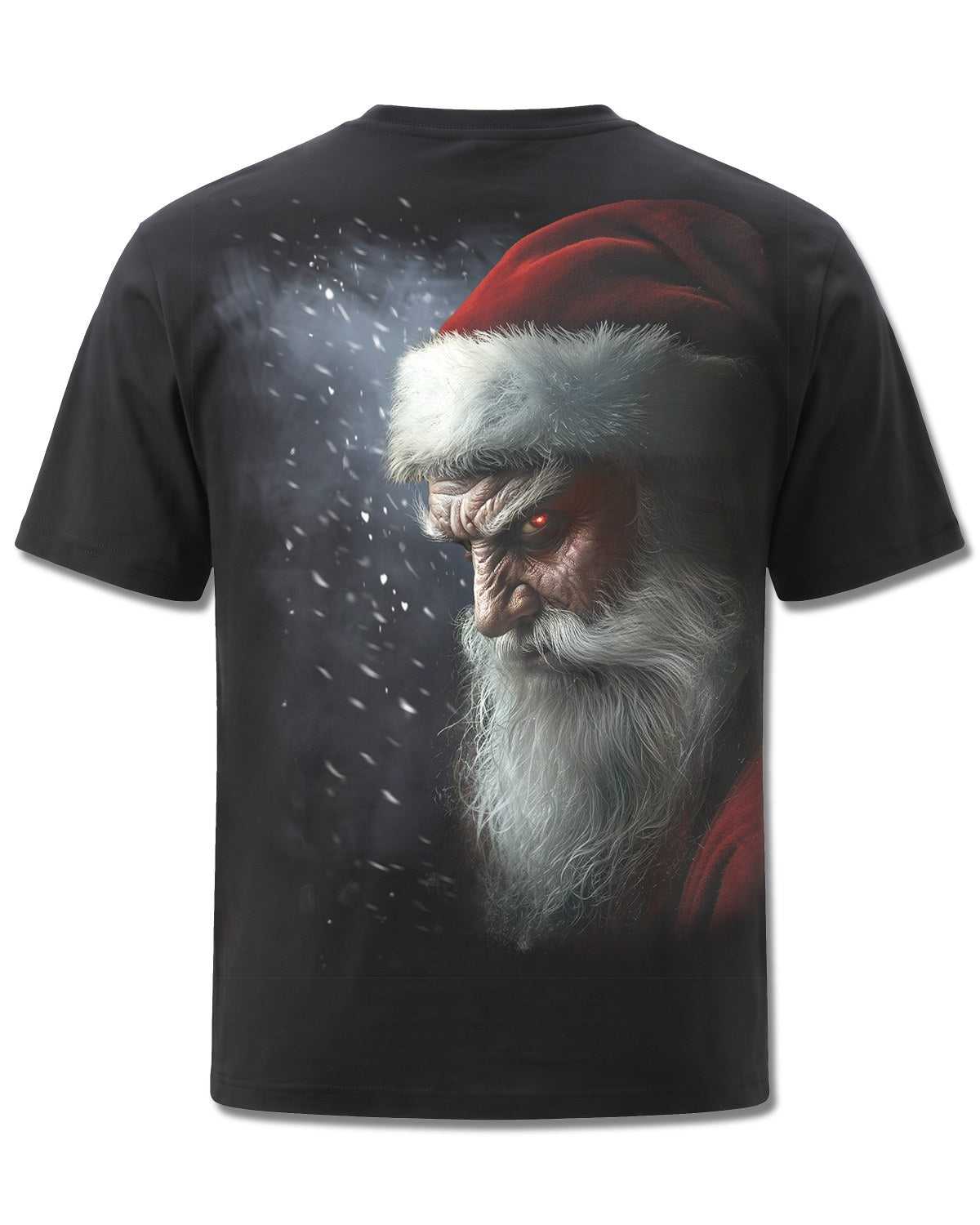 Spiral Naughty Or Nice Santa design, back view on Black M101, Rock Off Retail official merch