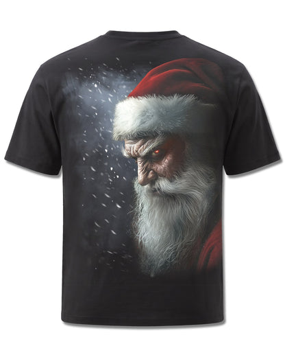 Spiral Naughty Or Nice Santa design, back view on Black M101, Rock Off Retail official merch