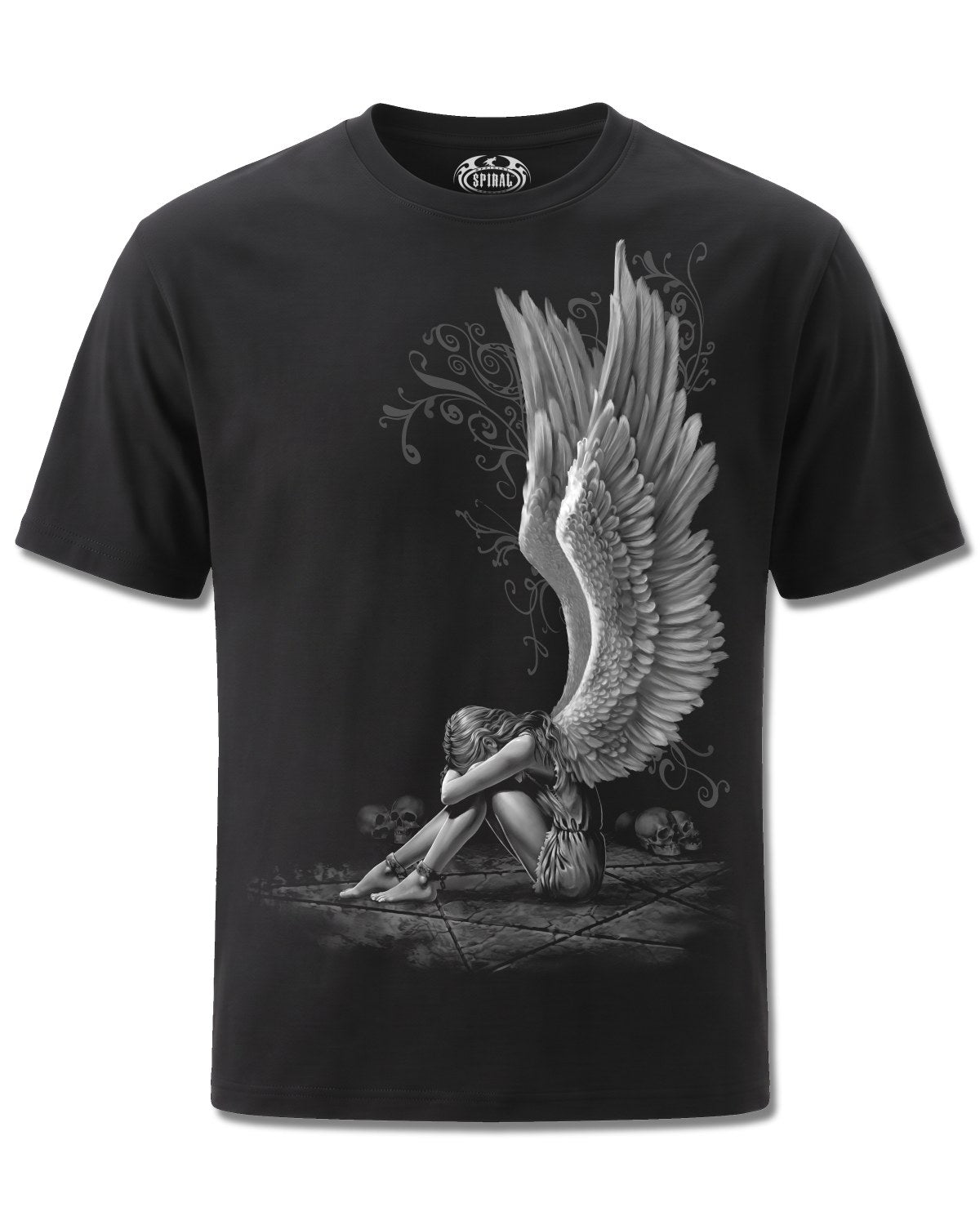 Spiral Enslaved Angel design, front view on Black M101, Rock Off Retail official merch