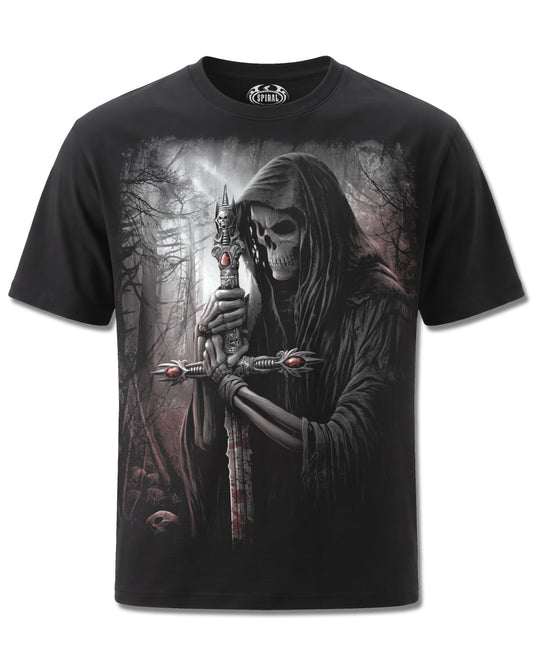 Spiral Soul Searcher design, front view on Black M101, Rock Off Retail official merch