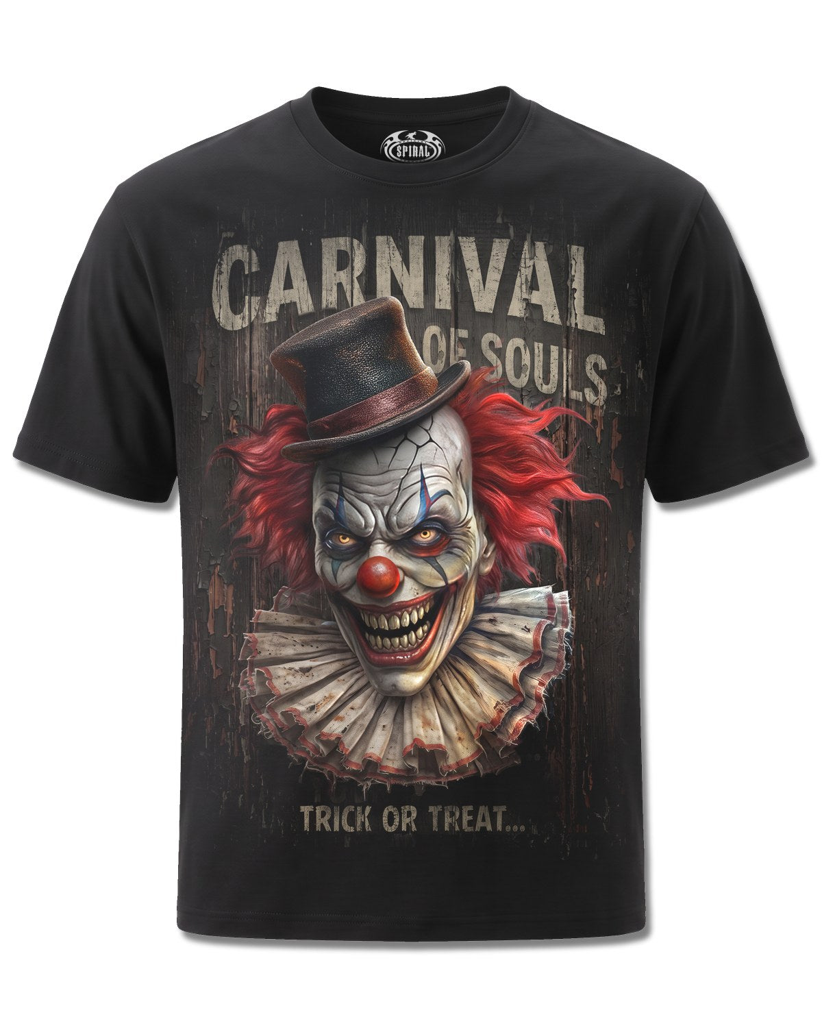 Spiral Carnival Of Souls design, front view on Black M101, Rock Off Retail official merch
