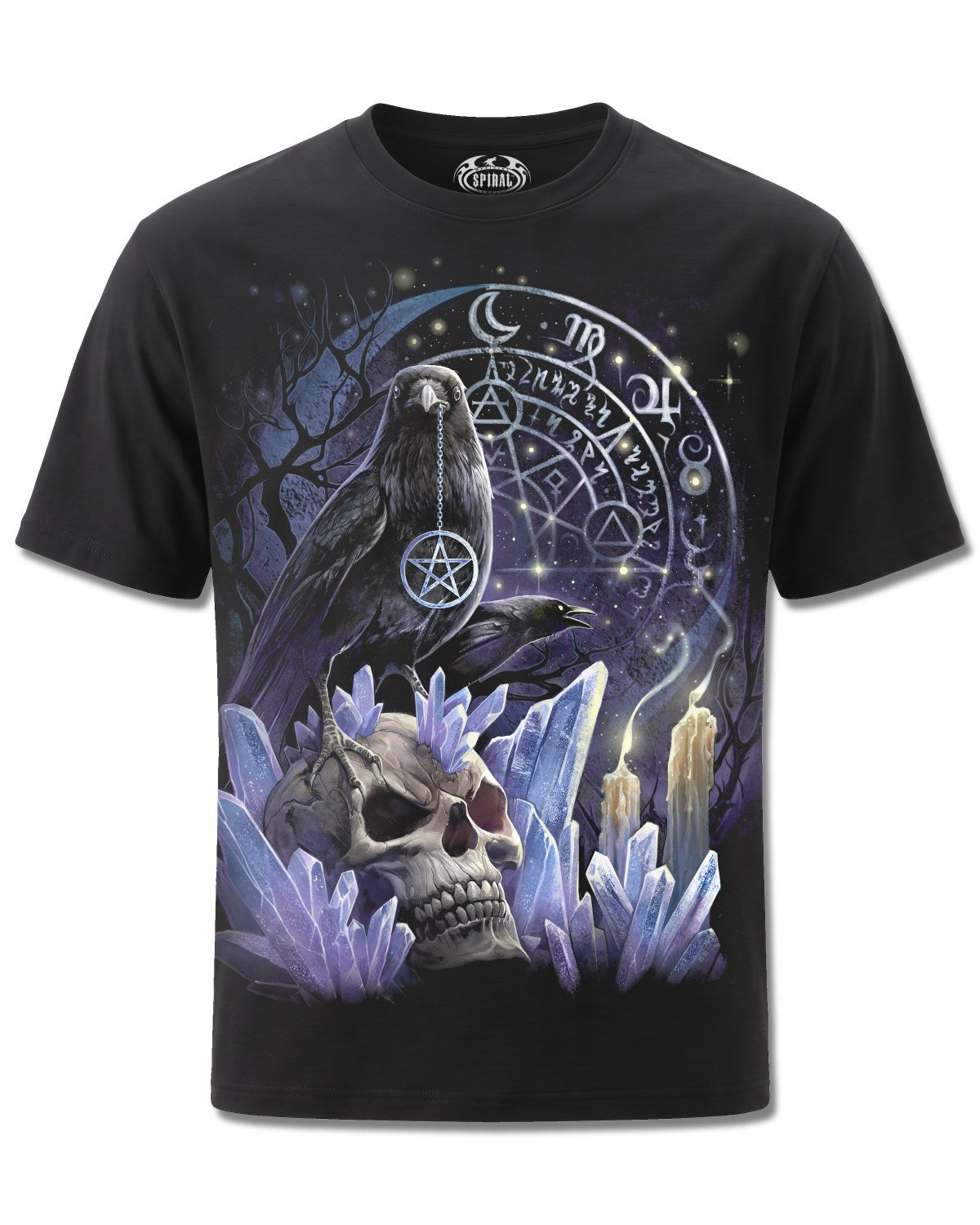Spiral Witchcraft design, front view on Black M101, Rock Off Retail official merch
