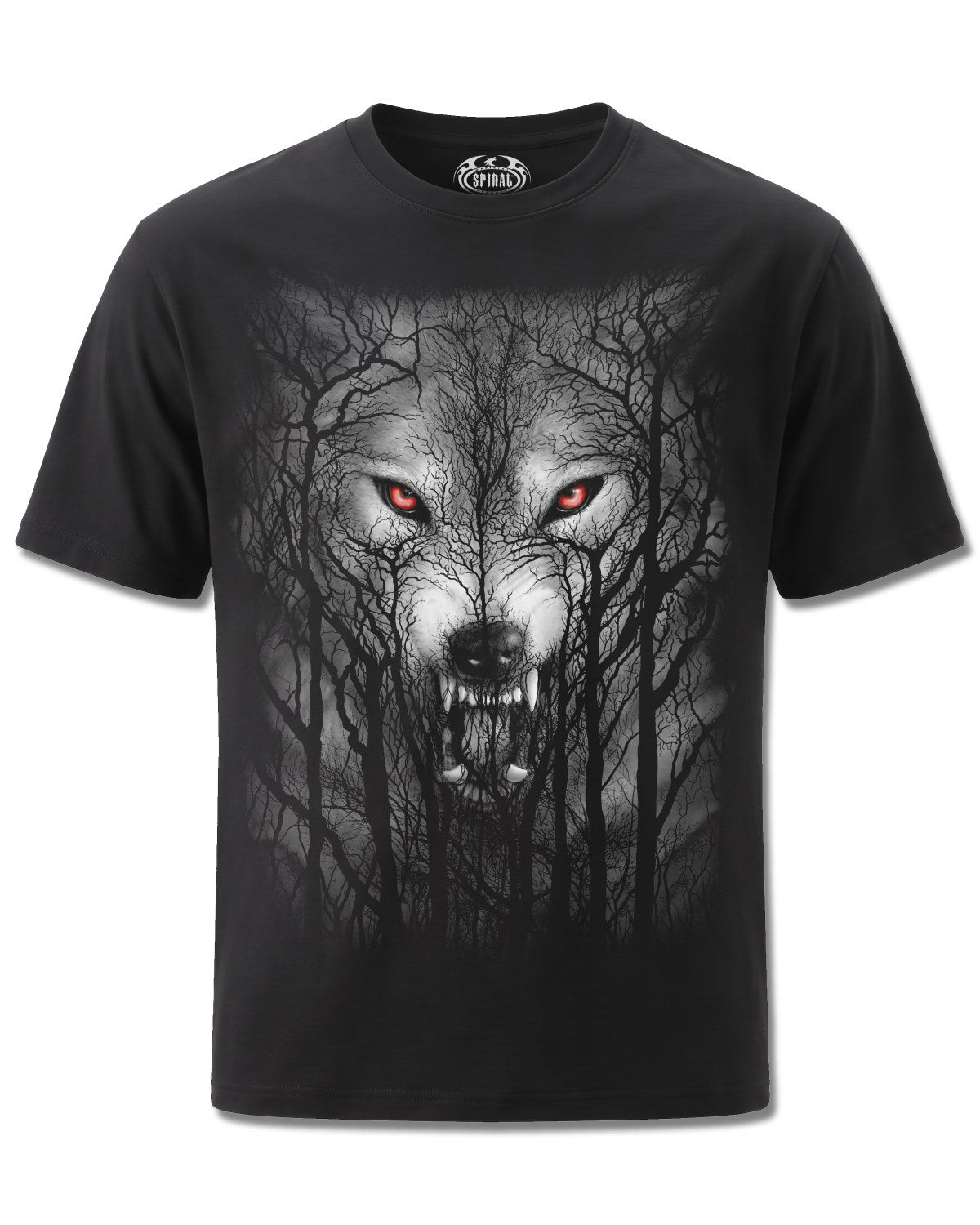 Spiral Forest Wolf design, front view on Black M101, Rock Off Retail official merch