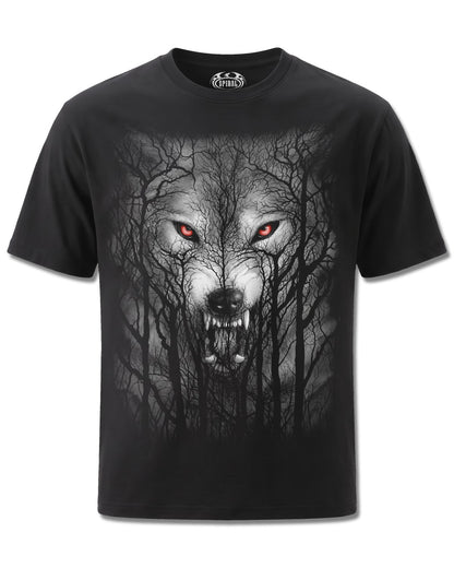 Spiral Forest Wolf design, front view on Black M101, Rock Off Retail official merch