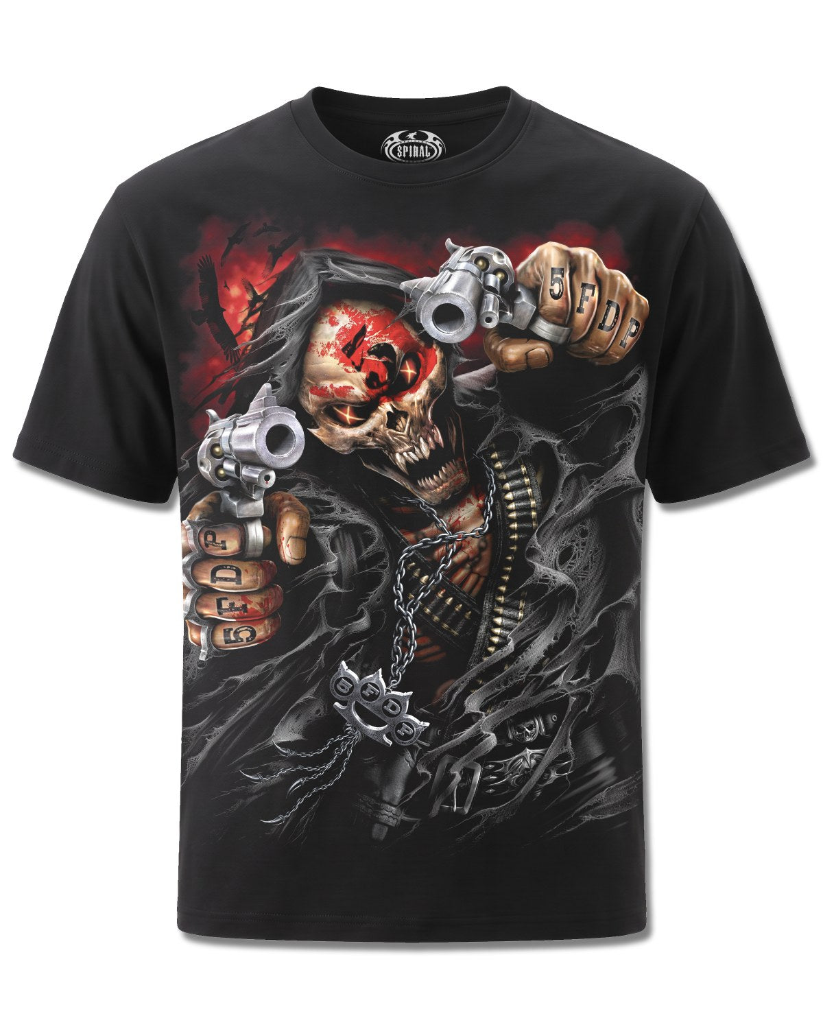 Five Finger Death Punch Assassin (Five Finger Death Punch) design, front view on Black M101, Rock Off Retail official merch