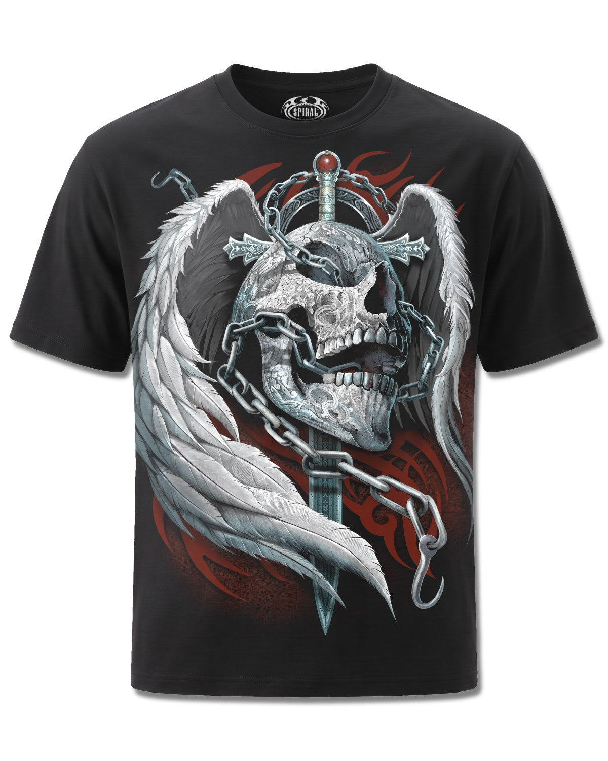Spiral Enchained Soul design, front view on Black M101, Rock Off Retail official merch