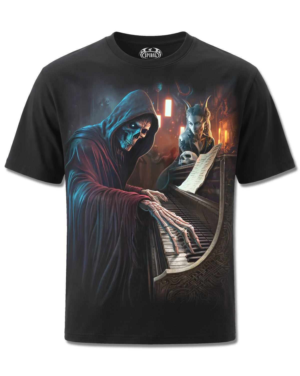 Spiral Midnight Blues design, front view on Black M101, Rock Off Retail official merch