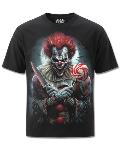 Spiral Trick Or Treat design, front view on Black M101, Rock Off Retail official merch