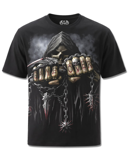 Spiral Game Over design, front view on Black M101, Rock Off Retail official merch