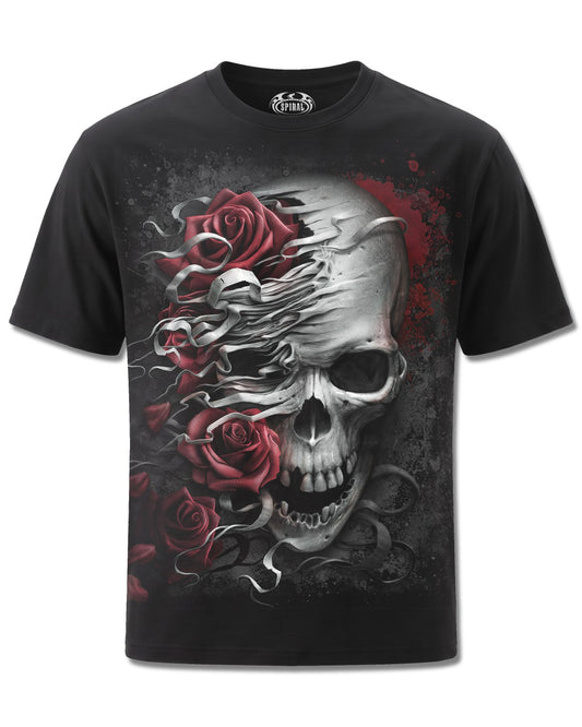 Spiral Skulls N' Roses design, front view on Black M101, Rock Off Retail official merch