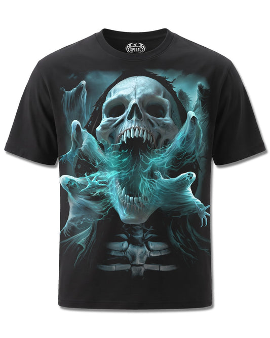 Spiral Ghost Skull design, front view on Black M101, Rock Off Retail official merch