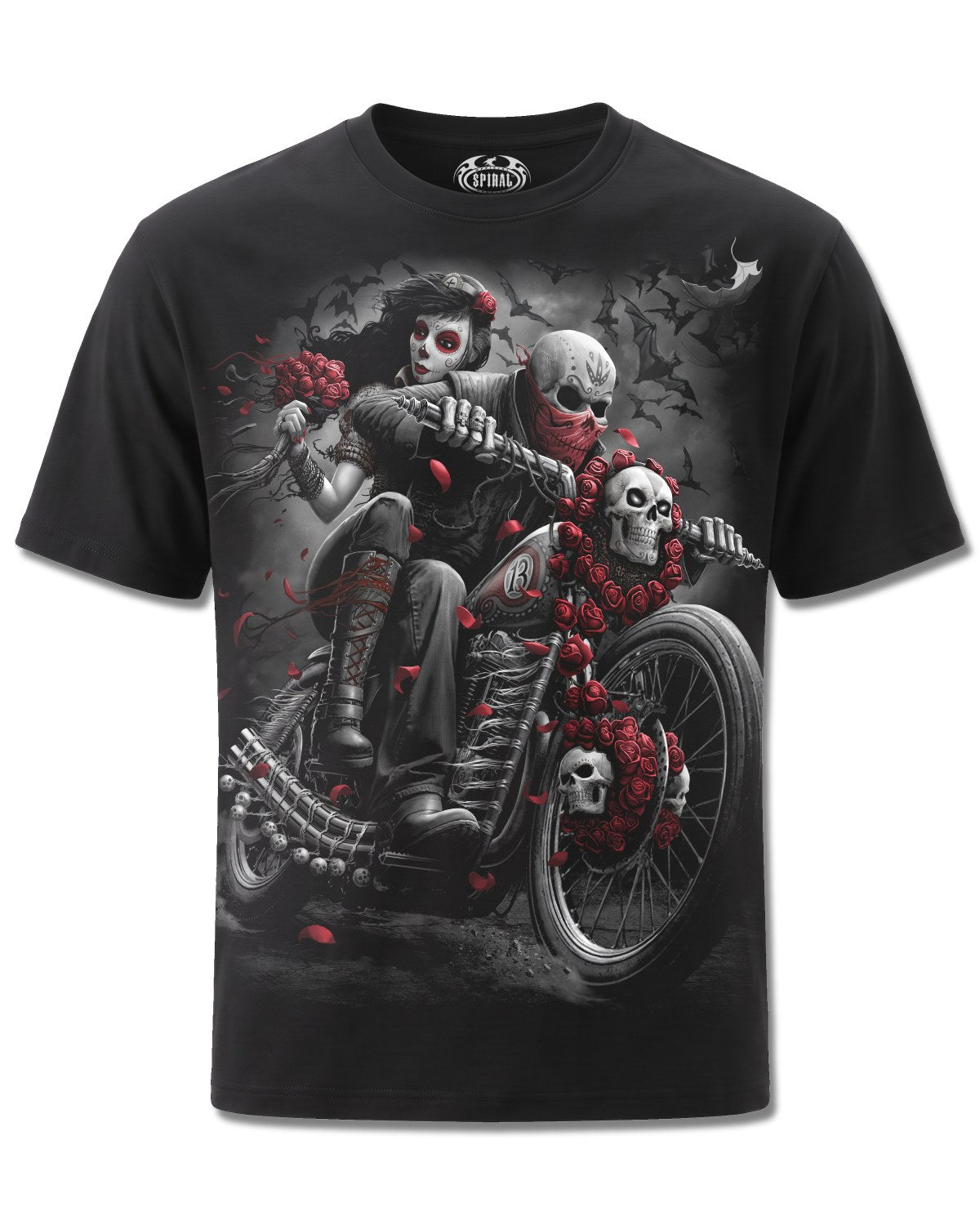 Spiral DOTD Bikers design, front view on Black M101, Rock Off Retail official merch